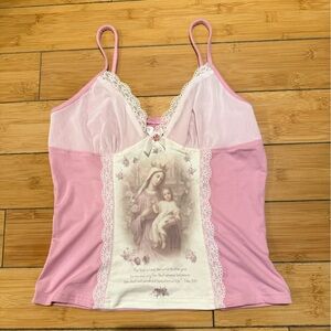 NWT Pink lace cami top with religious print #coquette #fairycore